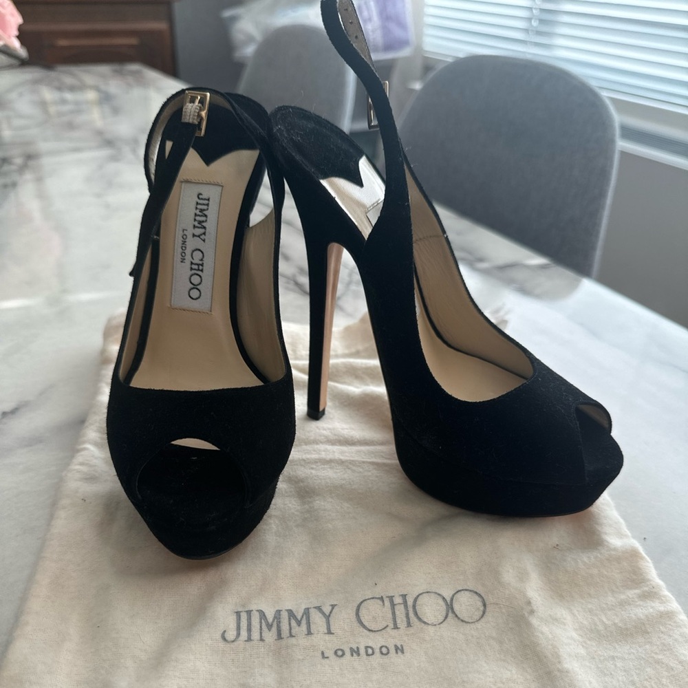 Jimmy Choo Black Suede Peep Toe Heels Sling Back